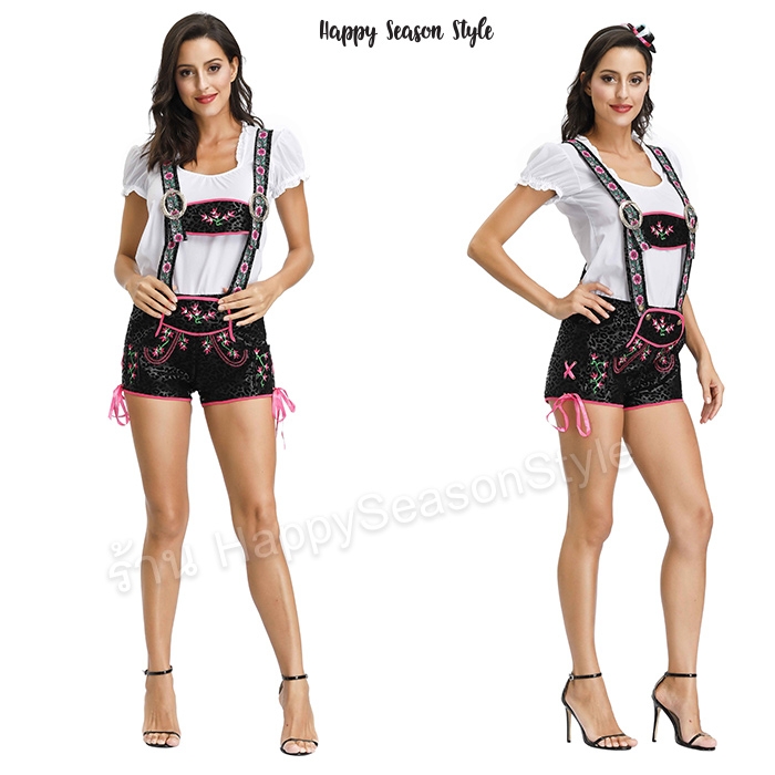 ชุดบาวาเรียน เอี๊ยมสีดำ ลายดอกไม้ พร้อมหมวกเล็กๆ ขนนก ชุดประจำชาติ เยอรมัน เนเธอร์แลนด์ ชุดเชียร์เบียร์