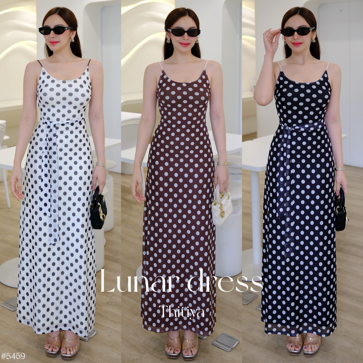 #5459 Lunar dress เดรสยาวผ้าชีฟองนิ่มยืดพิมพ์ลาย Polka dots ซับในทั้งตัว มาพร้อมสายสปาเกตตี้ยืด thtiiya