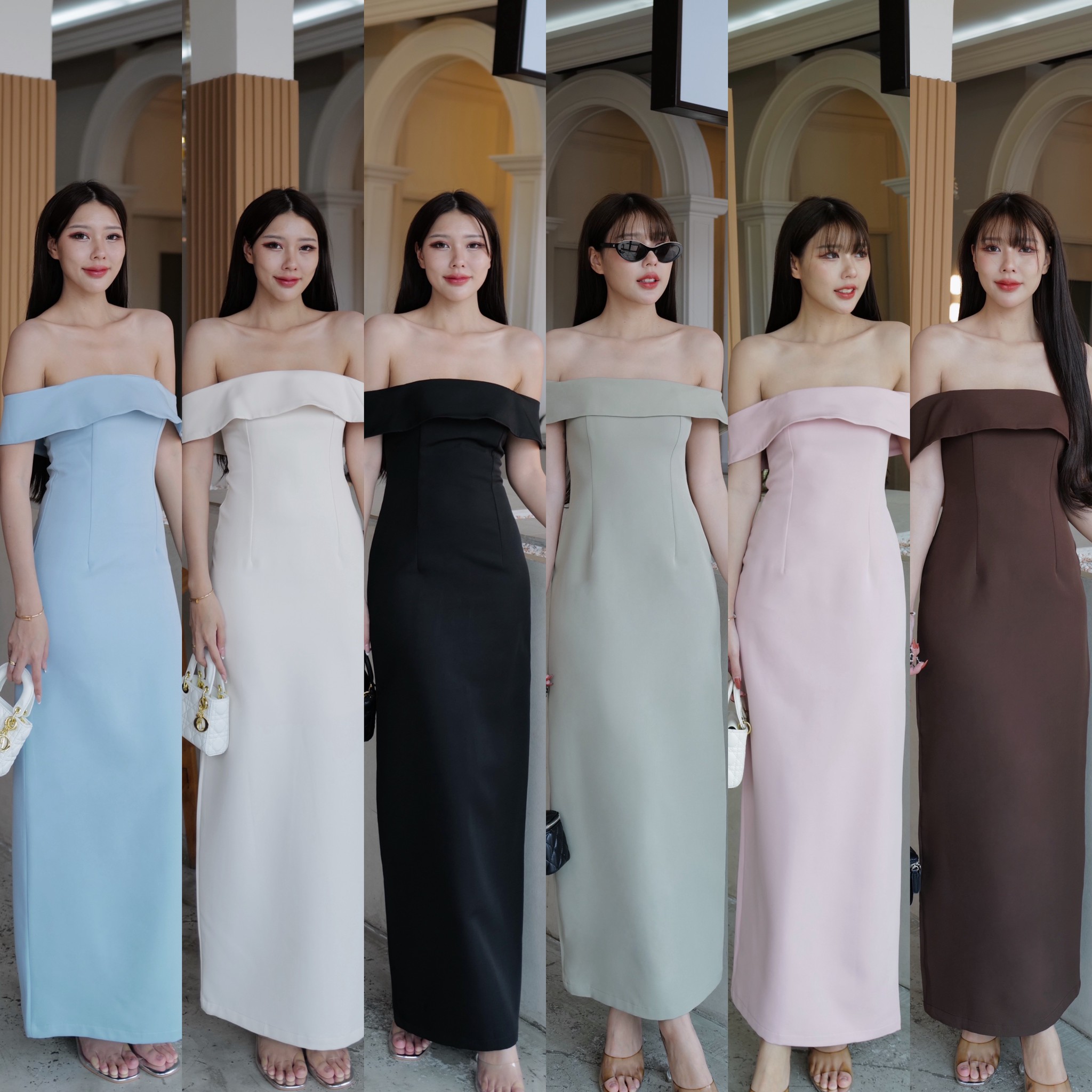 #9787 เดรสยาวเปิดไหล่ออกงาน ออกเดท เนื้อผ้าละเอียดพรีเมียม ไม่ยืด intuon