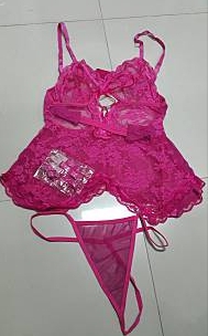 ชุดนอนไม่ได้นอนชุดนอนซีทรู บอดี้สูทด้านหน้าโบว์ไขว้ สีชมพูแซ่บ+กกน.+เชือกลูกไม้มัดข้อมือชุดนอนซีทรู