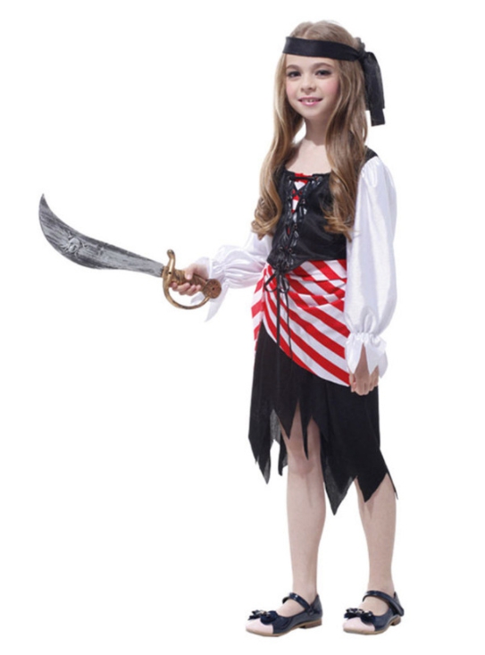 ชุดโจรสลัดเด็ก โจรสลัดเด็กหญิง เสื้อขาวแขนขาว กระโปรงแต่งผ้าแดง ชุดแยกชิ้น