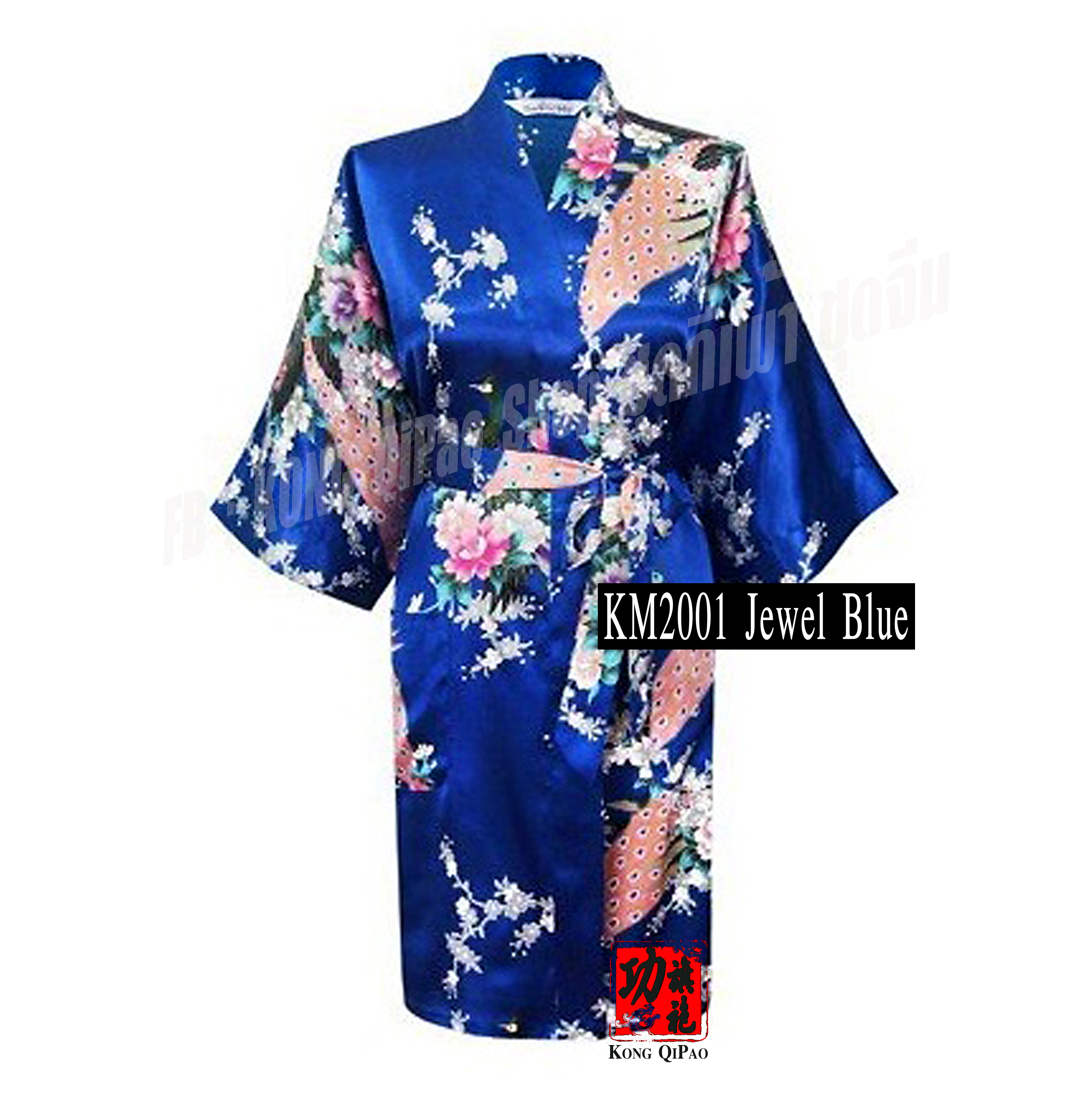 KM2001 ชุดคลุมกิโมโนผู้หญิง ลายนกยูงและดอกโบตั๋น