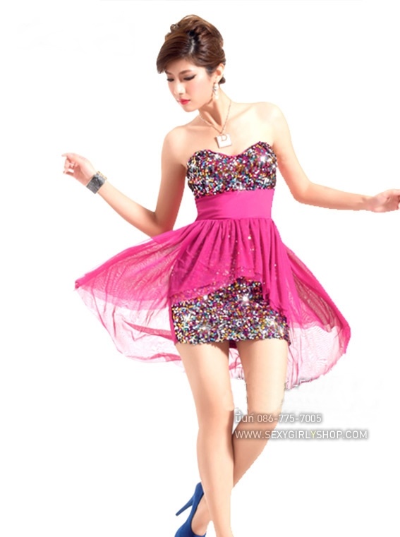 ชุดแซ็ก ชุดเดรสเกล็ดปลาแต่งผ้าชีฟองระบายช่วงเอว ชุดแดนซ์เซอร์ ชุดเต้น