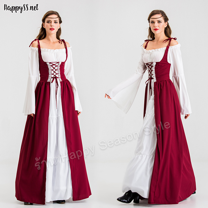 ชุดยุโรป ย้อนยุค แซกคอปาดสีขาวแซกแดง (มี 3 สี แดง, น้ำเงิน, เขียว)