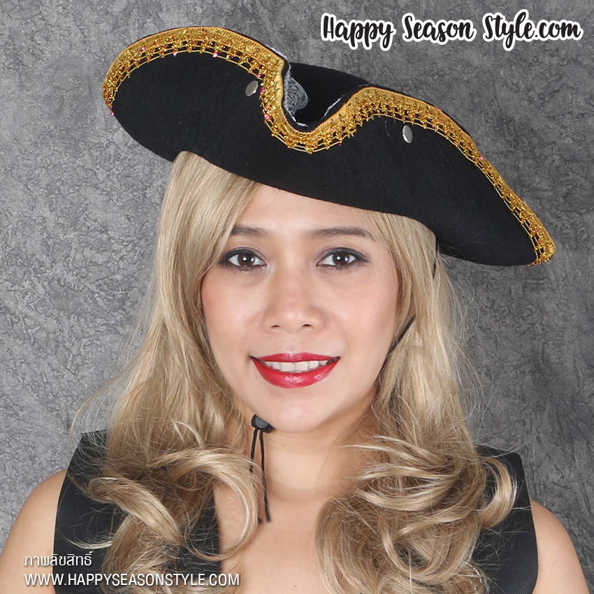 อุปกรณ์แฟนซี hatt - หมวกโจรสลัด ทรงสามเหลี่ยม แต่งดิ้นทอง และรูดระบายลูกไม้