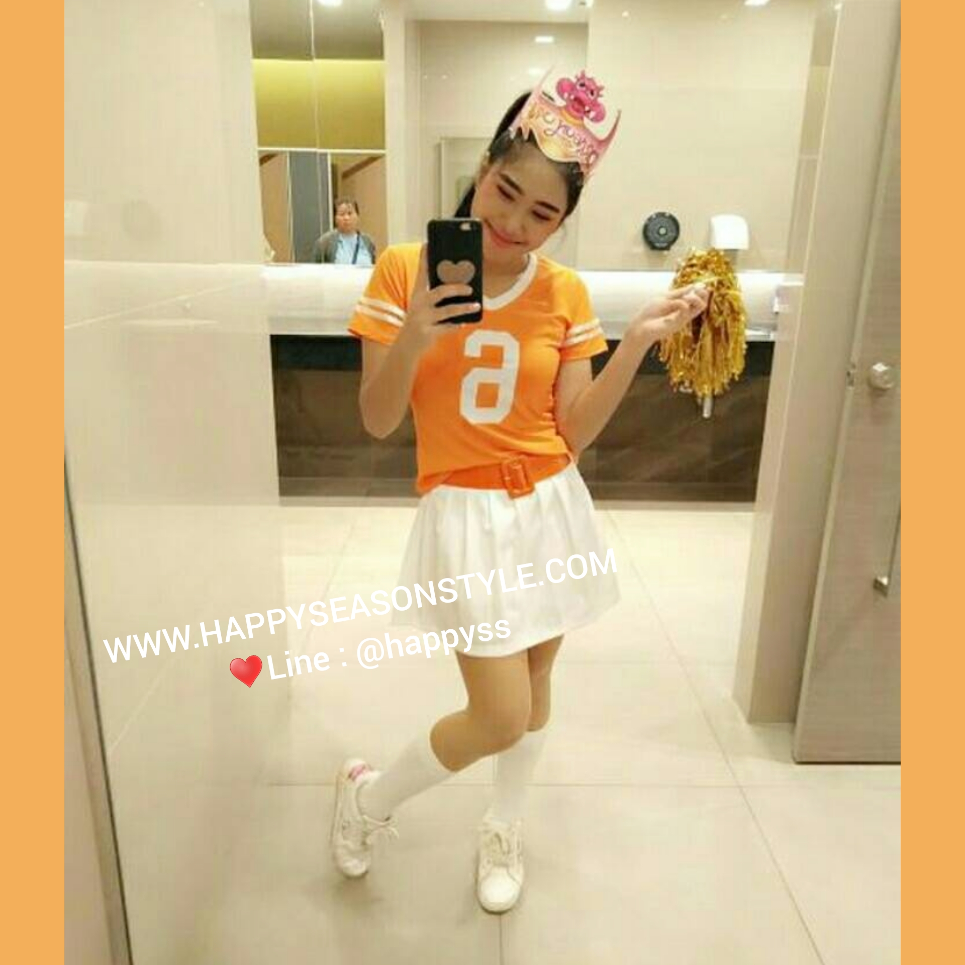 ชุดเชียร์ ชุดกีฬาสี เชียร์ลีดเดอร์ สีส้ม กุ๊นขาว กระโปรงขาวพร้อมเข็มขัด