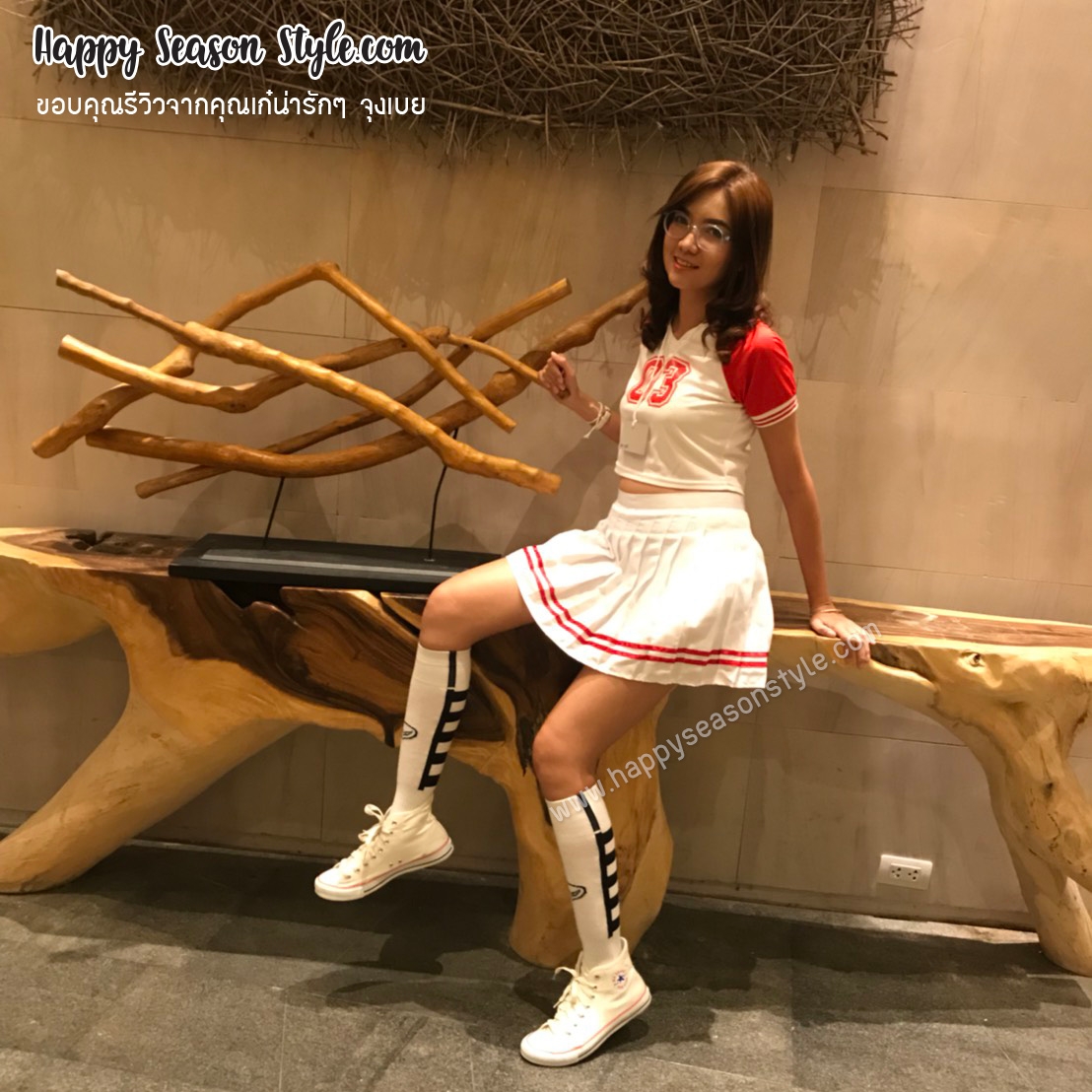 ชุดเชียร์ เชียร์ลีดเดอร์ ชุดเชียร์กีฬา สีแดงกระโปรงขาว แนวเกาหลี วง WJSN เพลง HAPPY MOMENT เสื้อขาวแขนแดง