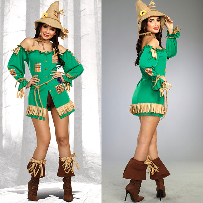 ชุดหุ่นไล่กา เสื้อคอปาดสีเขียว กางเกง พร้อมหมวก