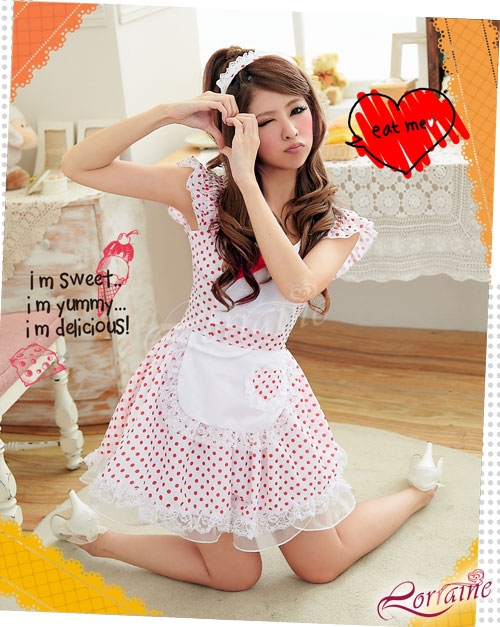 ชุดเมด โลลิต้า สาวเสริฟ ขาวจุดแดง โบว์แดง