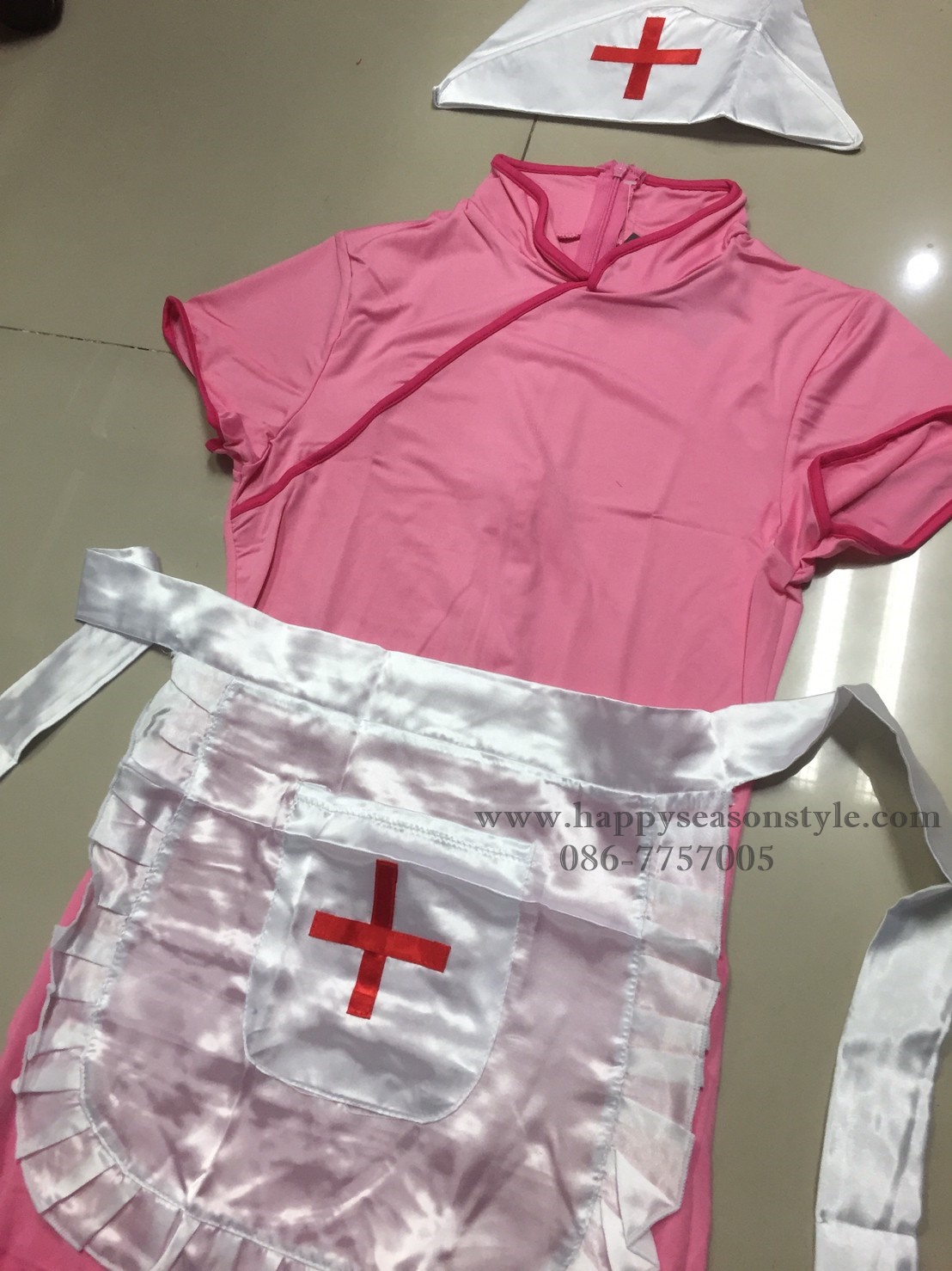 ชุดแฟนซี - ชุดกี่เพ้า ชุดพยาบาล สีชมพู มีผ้ากันเปื้อน ใส่ได้ 2 แบบ