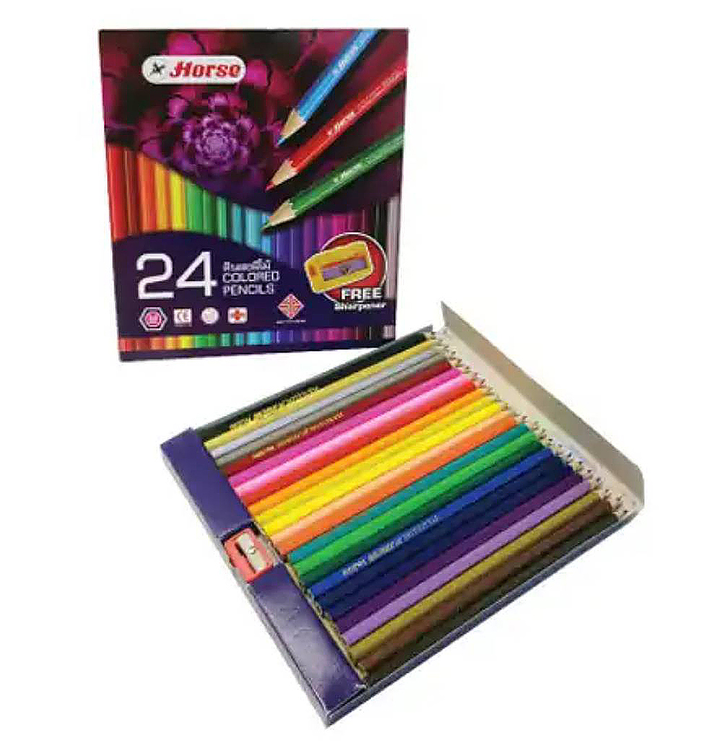 สีไม้ ตราม้า 24สี แท่งยาว มีกบเหลาในกล่อง H-2080/24 (ขายยกโหล12กล่อง)