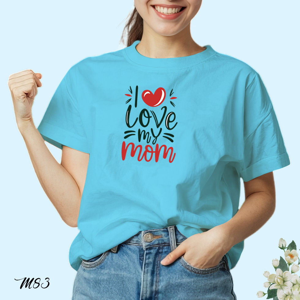 เสื้อยืดสีฟ้าวันแม่ สกรีนลาย i Love my mom M83 เนื้อผ้าโพลีเอสเตอร์ 100% สกรีนตรงปก วันแม่ 12 สิงหาคม Bkscreenshirts