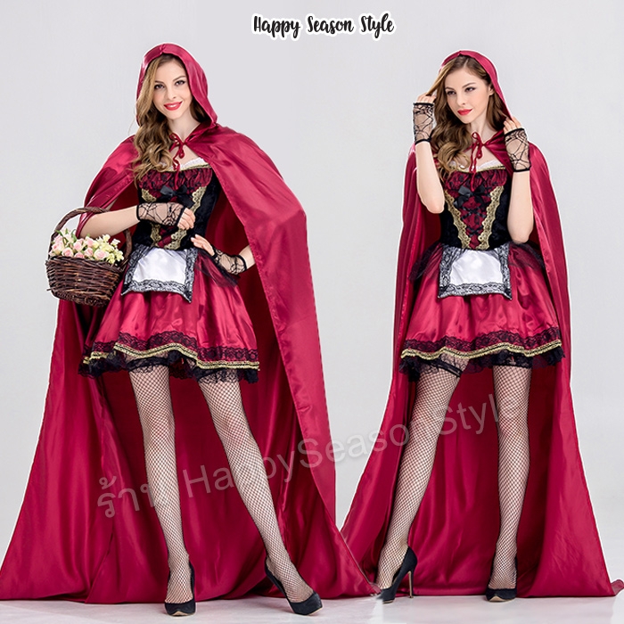 ชุดหนูน้อยหมวกแดง แนวโกธิค สีแดงเลือดหมู แซก พร้อมผ้าคลุม