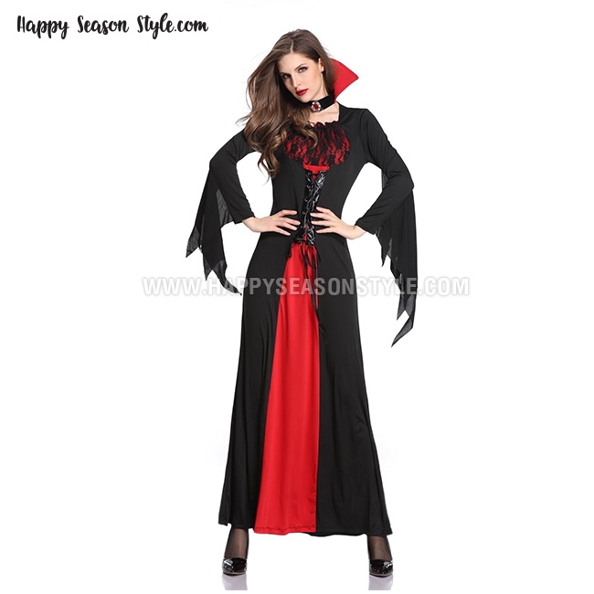 ชุดแม่มด ชุดแวมไพร์ แซกยาวดำแดง ปกตั้ง แขนกระดิ่งสีดำ