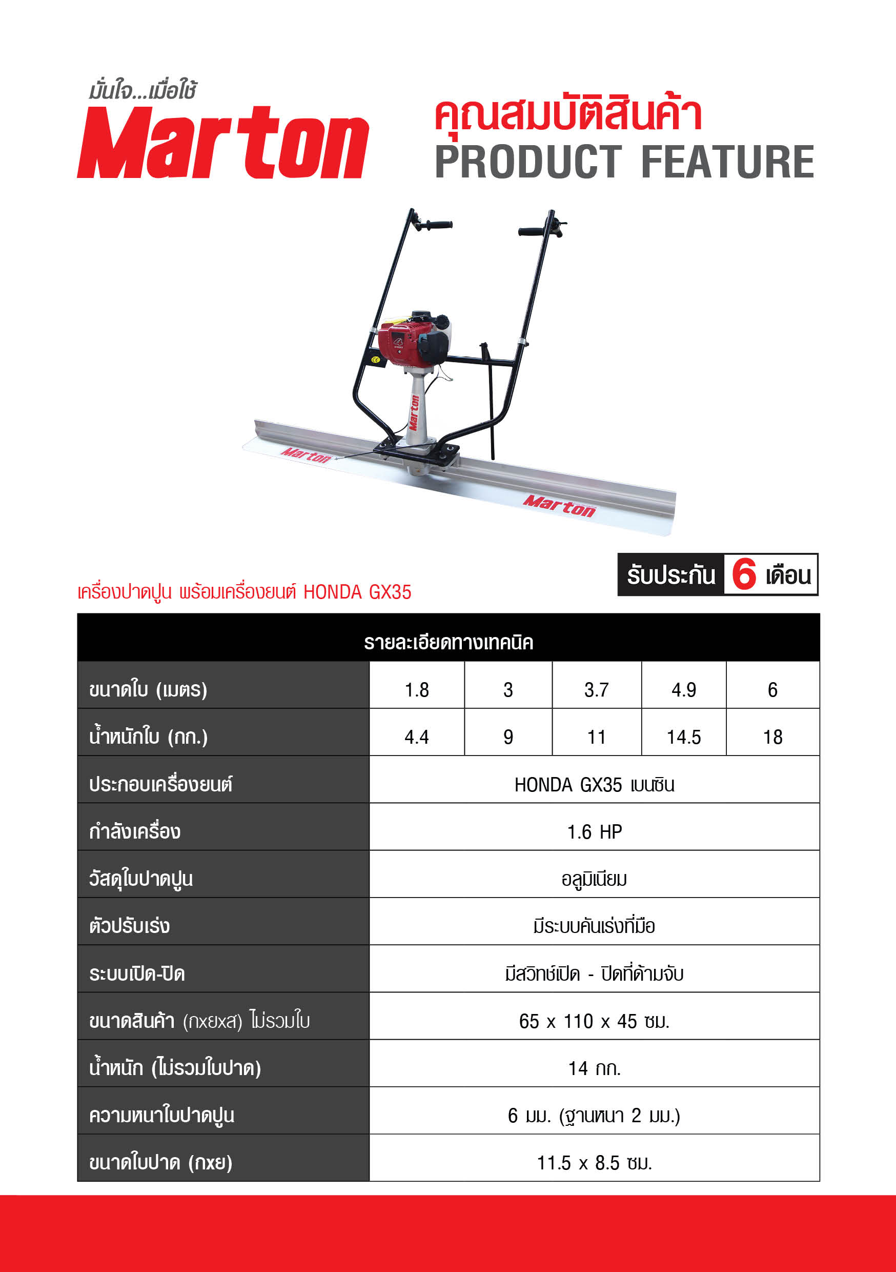 Marton เครื่องปาดปูน ติดHONDA GX35 ขนาดใบ 3 เมตร