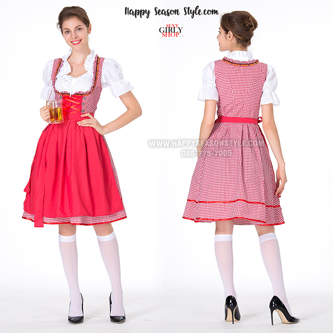 ชุดเมด ชุดสาวเสิร์ฟ เทศกาลเบียร์ ชุดเมด ชุดสาวเสิร์ฟ ขาวแดง กระโปรงสองชั้น