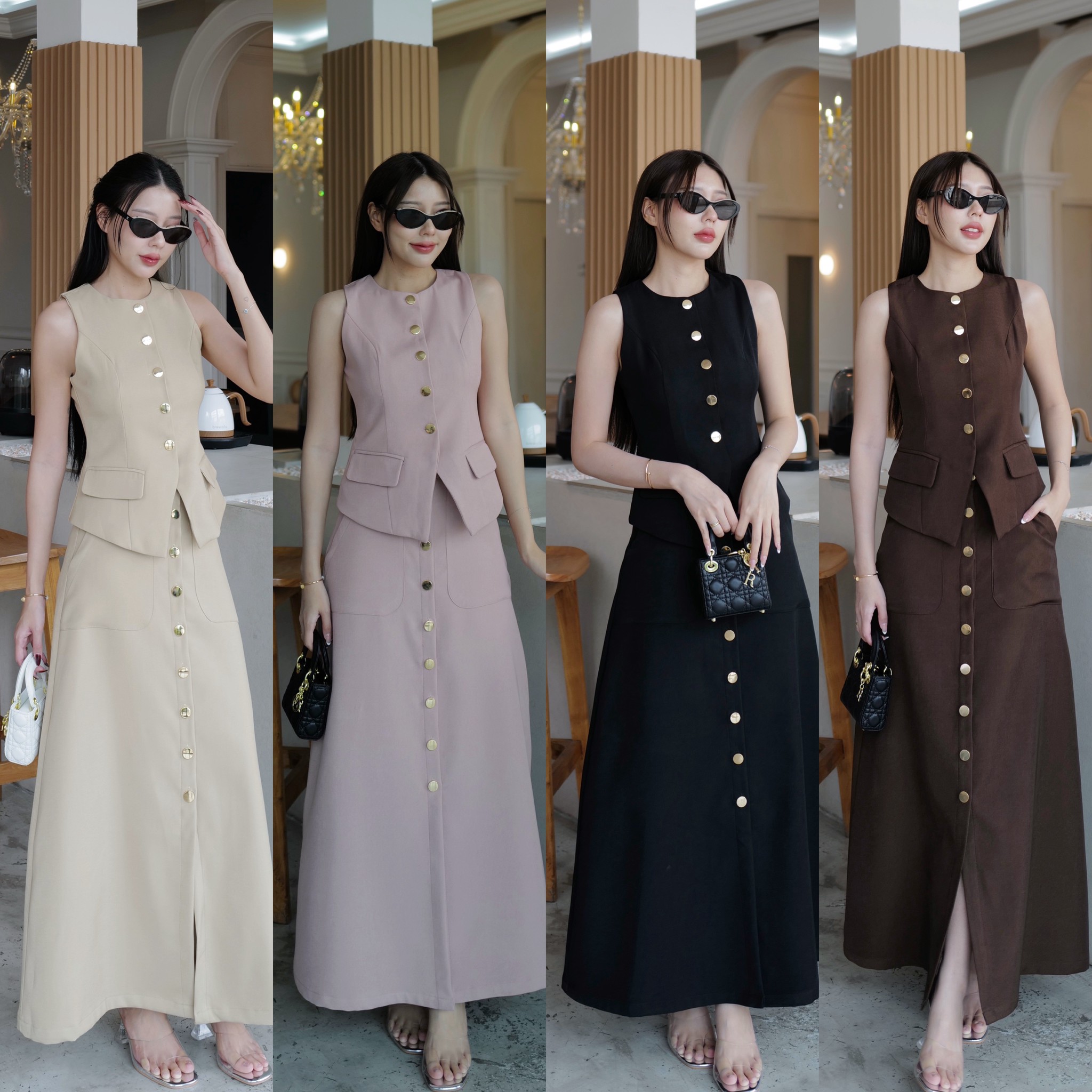 #5139#Eve 🎀 ชุดเชต เสื้อเวสสูทแขนกุดกระดุมทอง กระเป๋าหน้าใช้งานได้ มีชับใน + กระโปรงทรงเอ