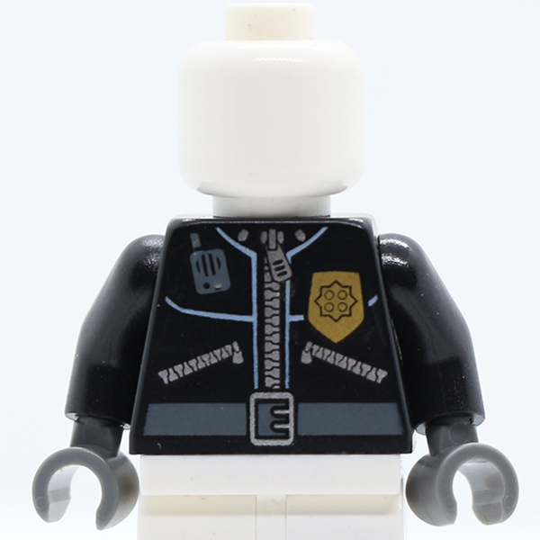 Police Leather Jacket, Gold Badge, Radio, Belt Pattern / Black Arms / Dark Bluish Gray Hands