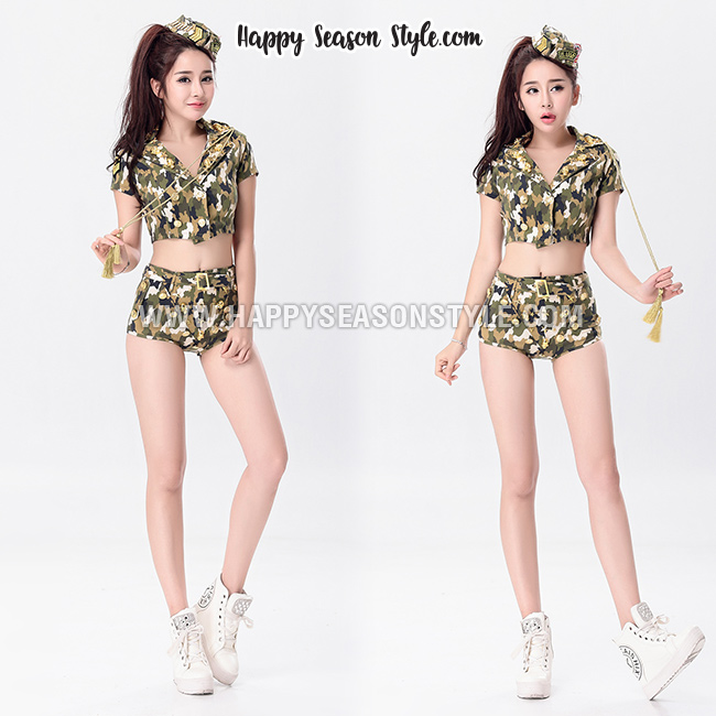 ชุดทหารแยกชิ้น ลายพราง เสื้อแขนสั้น กางเกงเอวสูง