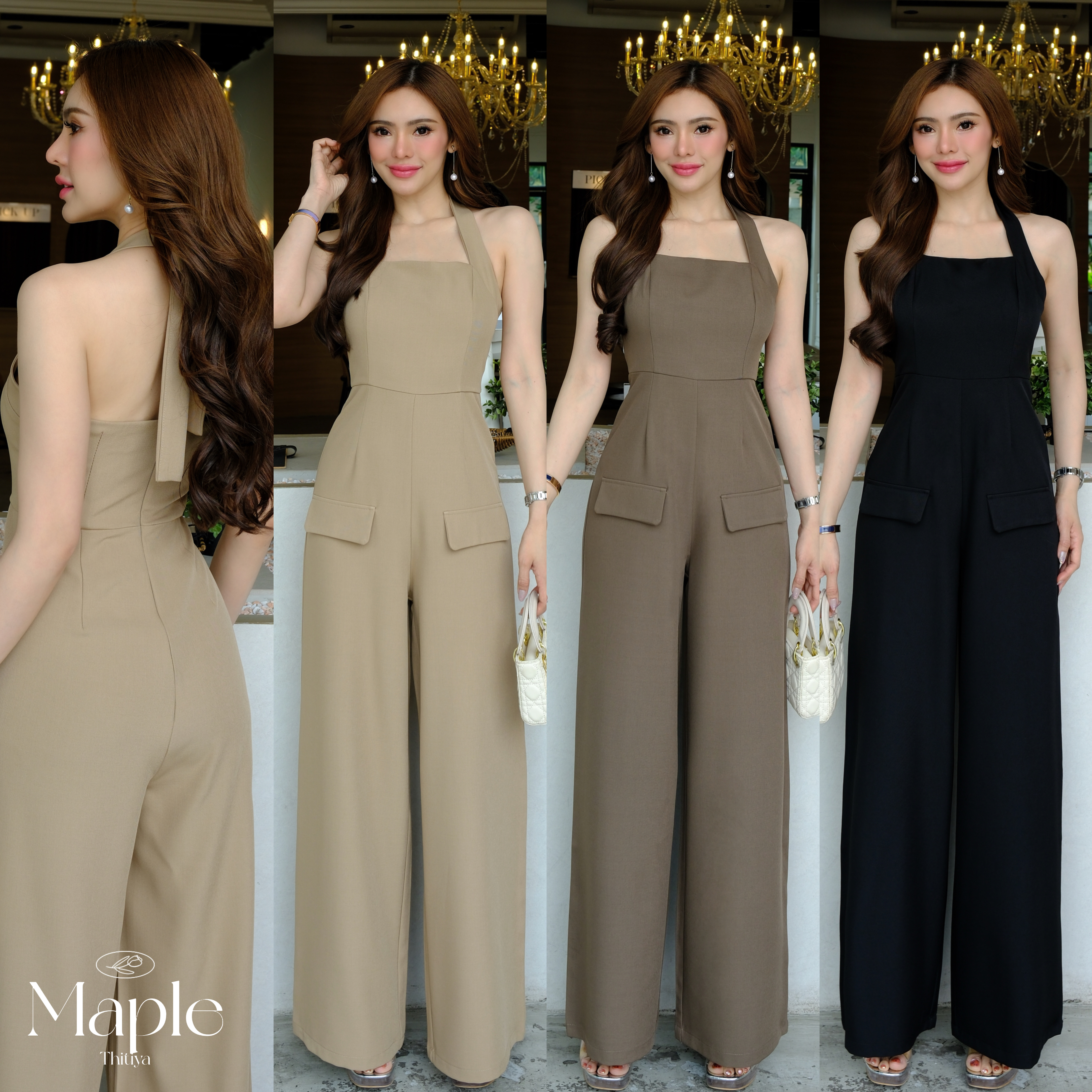 #4833 Maple jumpsuite-เมเปิ้ล จั๊มสูท จั๊มสูทตัวยาว ทรงผูกคอ ด้านหน้าตีเกล็ดทรงสวย thitiya