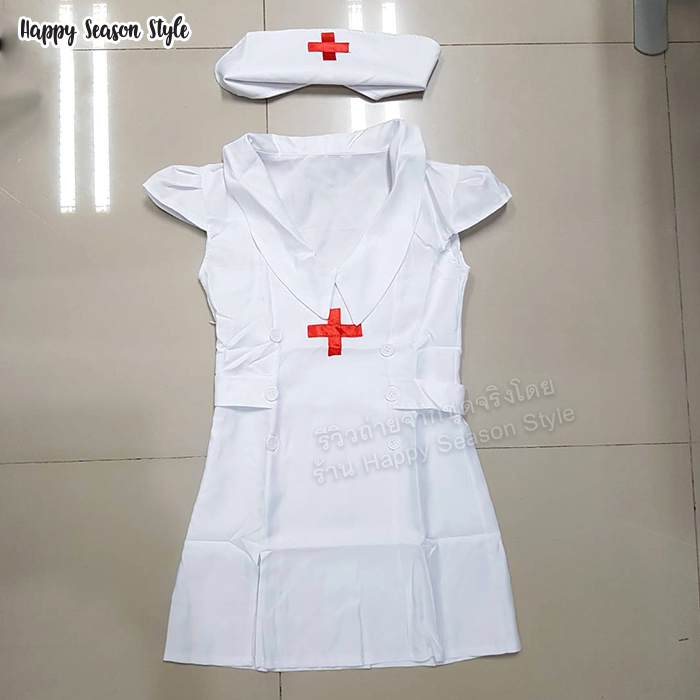 ชุดพยาบาล เดรสขาว กระดุมคู่ + หมวก