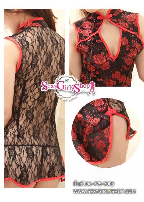 ชุดแฟนซี ชุดคอสเพลย์ พีอาร์ ชุดพริตตี้ - ชุดกี่เพ้า สาวเอเซีย สีดำดอกเล็กๆ กุ๊นสีแดง