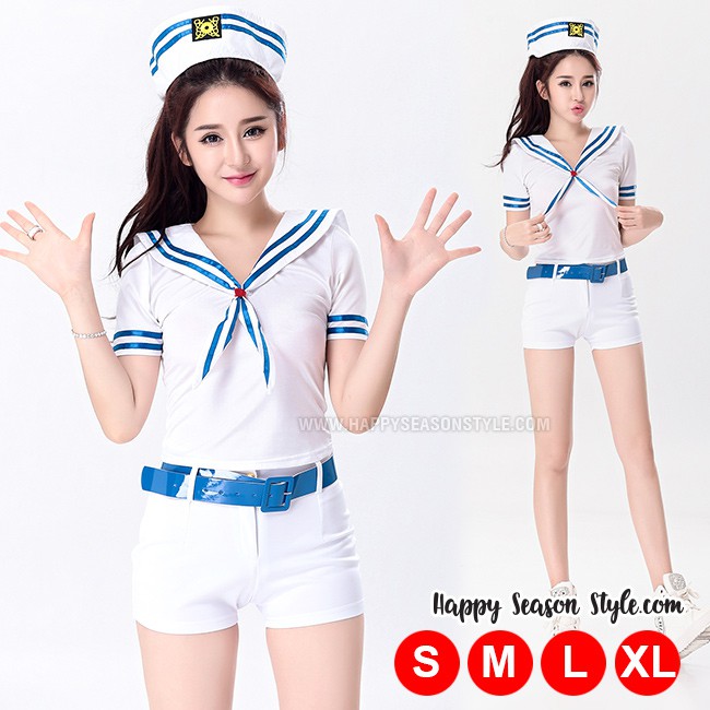 ชุดทหารเรือ ชุดกะลาสี สีขาว กุ๊นสีน้ำเงิน พร้อมหมวก