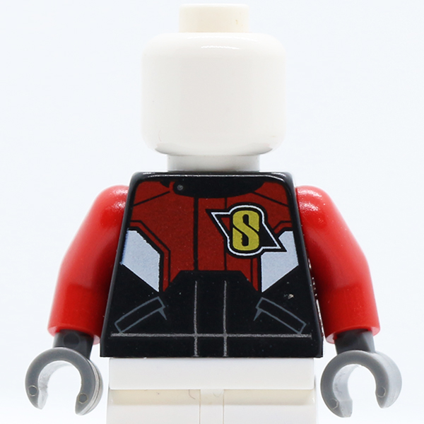 Race Suit with Red and White Chest and Back Panel with Yellow 'S' Logo Pattern / Red Arms / Dark Bluish Gray Hands