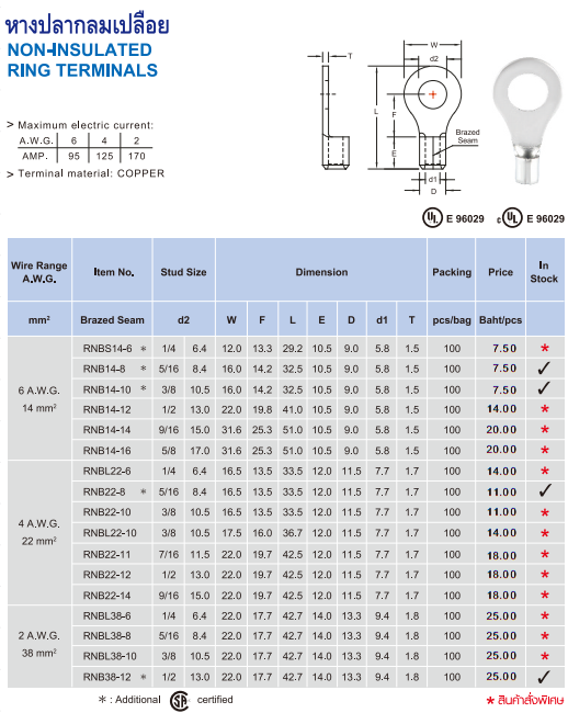 หางปลากลมเปลือย,NON-INSULATED RING TERMINALS