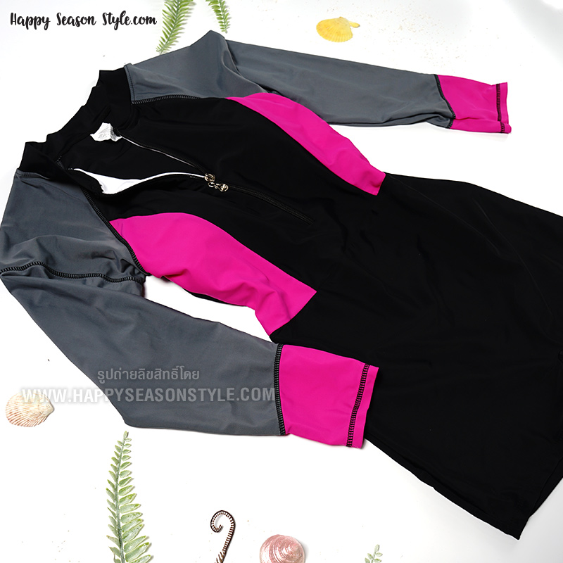 ชุดว่ายน้ำ วันพีช แขนยาว ขาสั้น ซิปหน้า สีดำ-ชมพู (มีหลายสี)