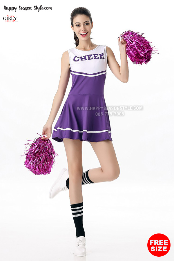 ชุดเชียร์ ชุดเชียร์ลีดเดอร์ เชียร์กีฬา ชุดปอมๆ เชียร์หลีดเดอร์ สีม่วง แซกผ้ายืด สกรีนที่อก Cheer