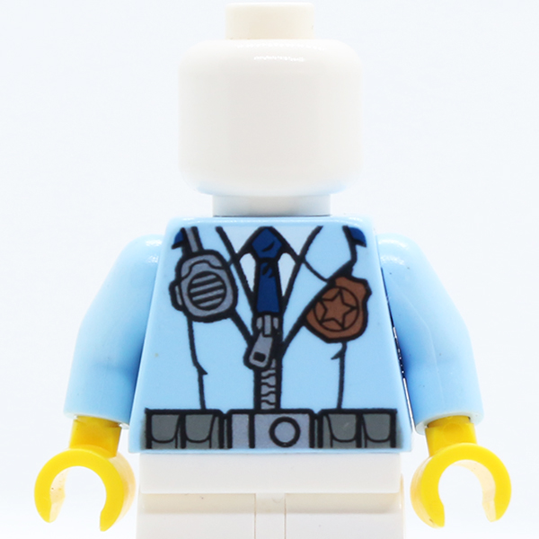 Police Male Jacket with Zipper, Dark Blue Tie, Gold Badge, Radio and 'POLICE' Pattern on Back / Bright Light Blue Arms / Yellow Hands