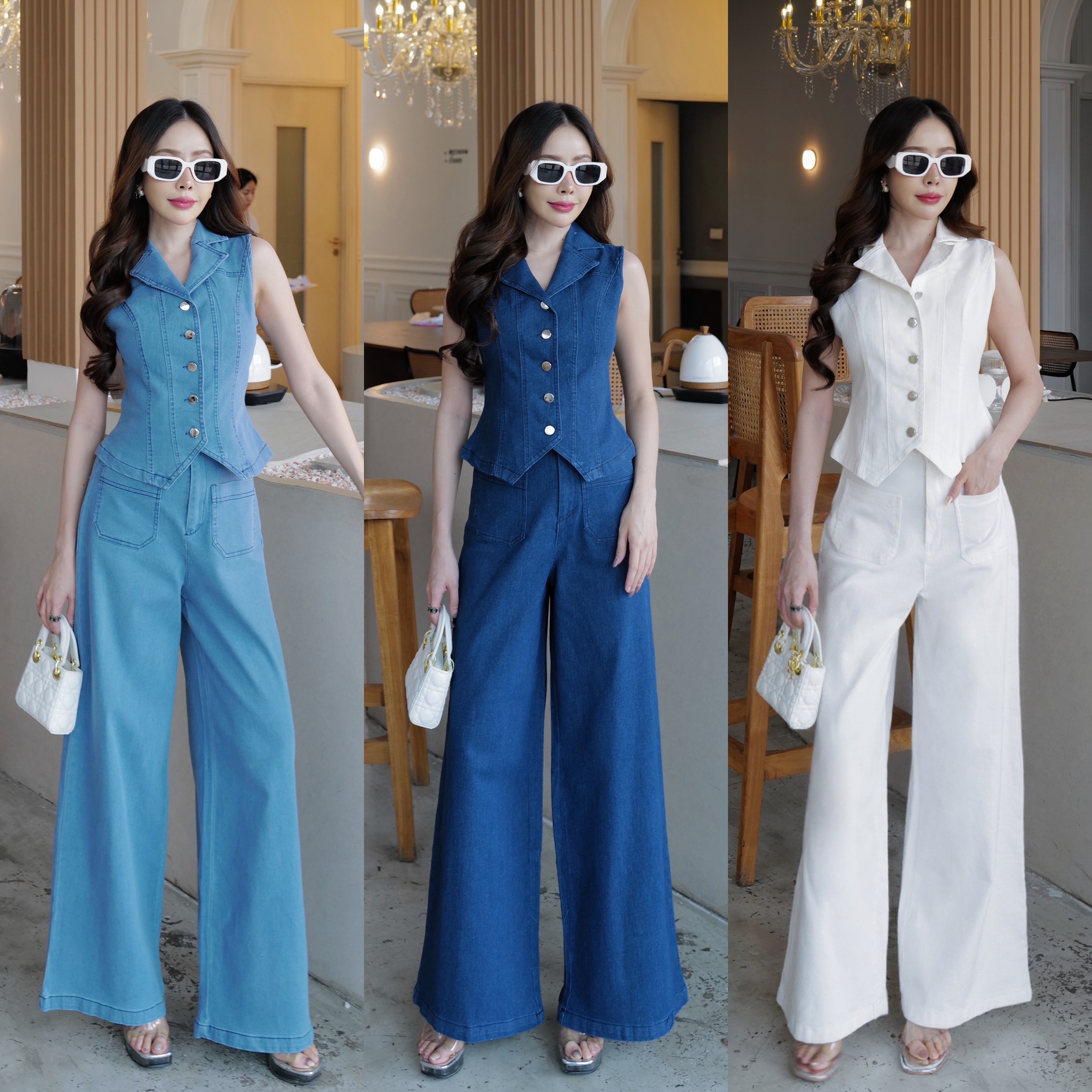 HILOOK #4818 ชุดเชตยีนส์ เสื้อคอปกกระดุมหน้าจริงสีเงิน แขนกุด + กางเกงขายาวกระบอก