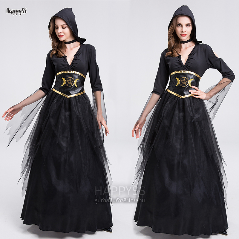 🔮ชุดมนต์ดำ ยิปซี แม่มด หมอผี เอวสกรีนสีทองรูปพระจันทร์ 🏍️💨💨ส่งไวจาก กทม.