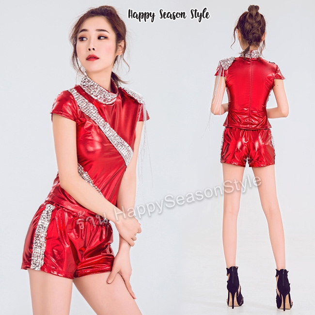 ชุดเชียร์ ชุดเชียร์กีฬา ชุดเชียร์ลีดเดอร์ สีเมทาลิค เงา กางเกงขาสั้น ไหล่แต่งโซ่ (มี 3 สีให้เลือก)