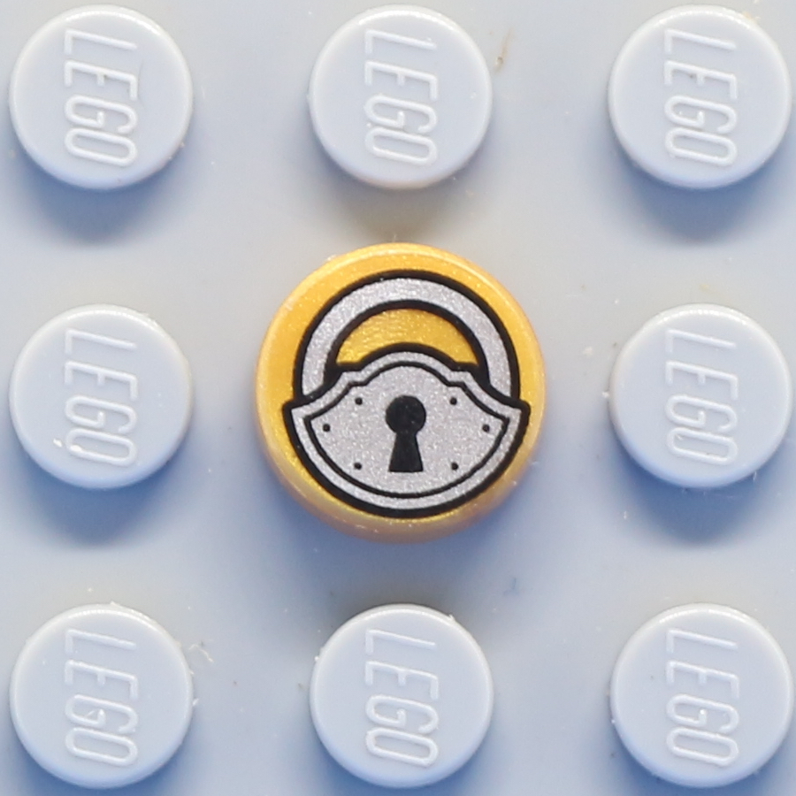 Tile, Round 1 x 1 with Black and Silver Padlock Pattern