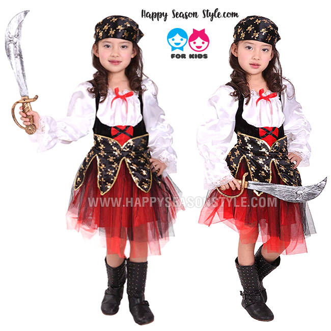 ชุดแฟนซีเด็ก ฮาโลวีน - ชุดโจรสลัดเด็ก เสื้อแขนยาวสีขาว กระโปรงฟูสีแดง แต่งลายหัวกระโหลก
