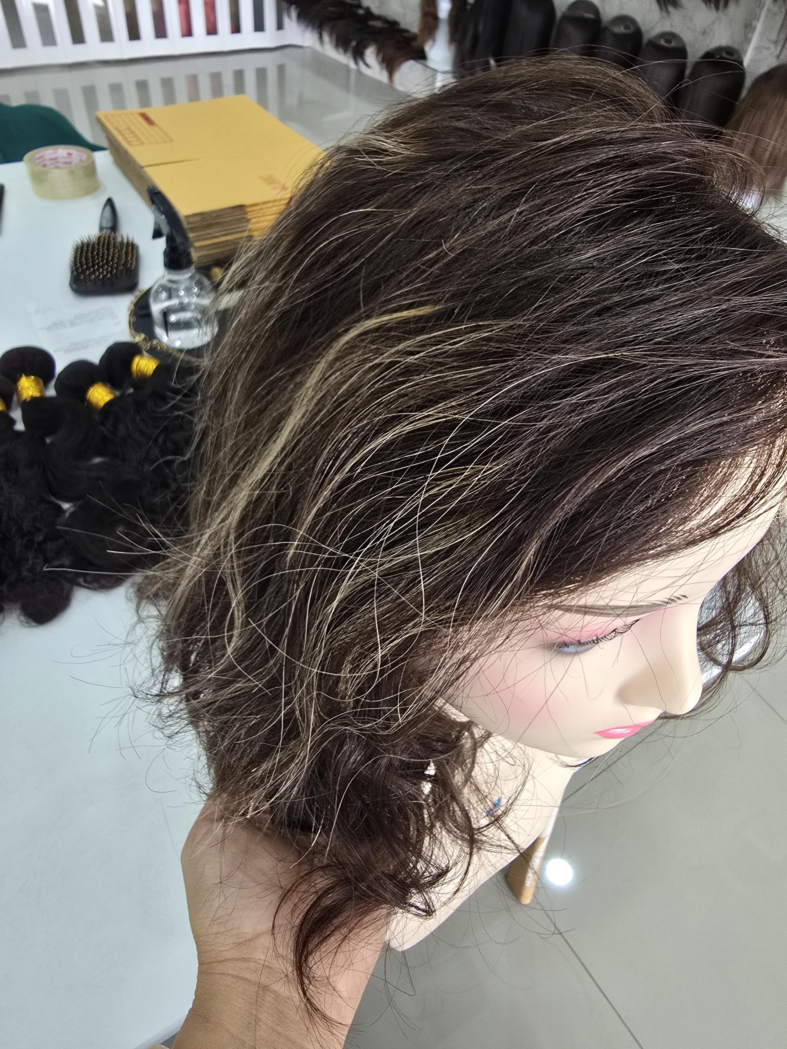 วิกผมแท้ทอมือ งานพรีเมี่ยม เสยแสกเนียนมาก ไม่ต้องใช้กาว สีน้ำตาลไฮไลท์ Premium Human Hair Jewish Wig