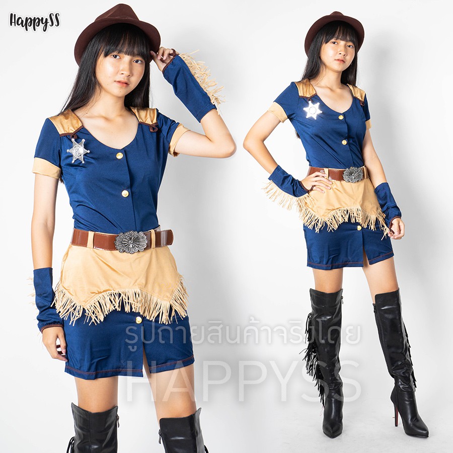 ชุดคาวบอย คาวเกิร์ล cow girl คาวบอย เสื้อน้ำเงินแต่งพู่+หมวก