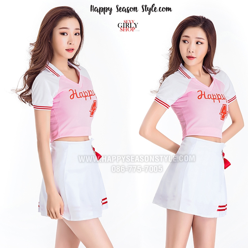 ชุดเชียร์ เชียร์ลีดเดอร์ ชุดเชียร์กีฬา สีชมพู ปกโปโล แขนขาว กระโปรงขาว แนวเกาหลี ใส่ได้ 2 แบบ