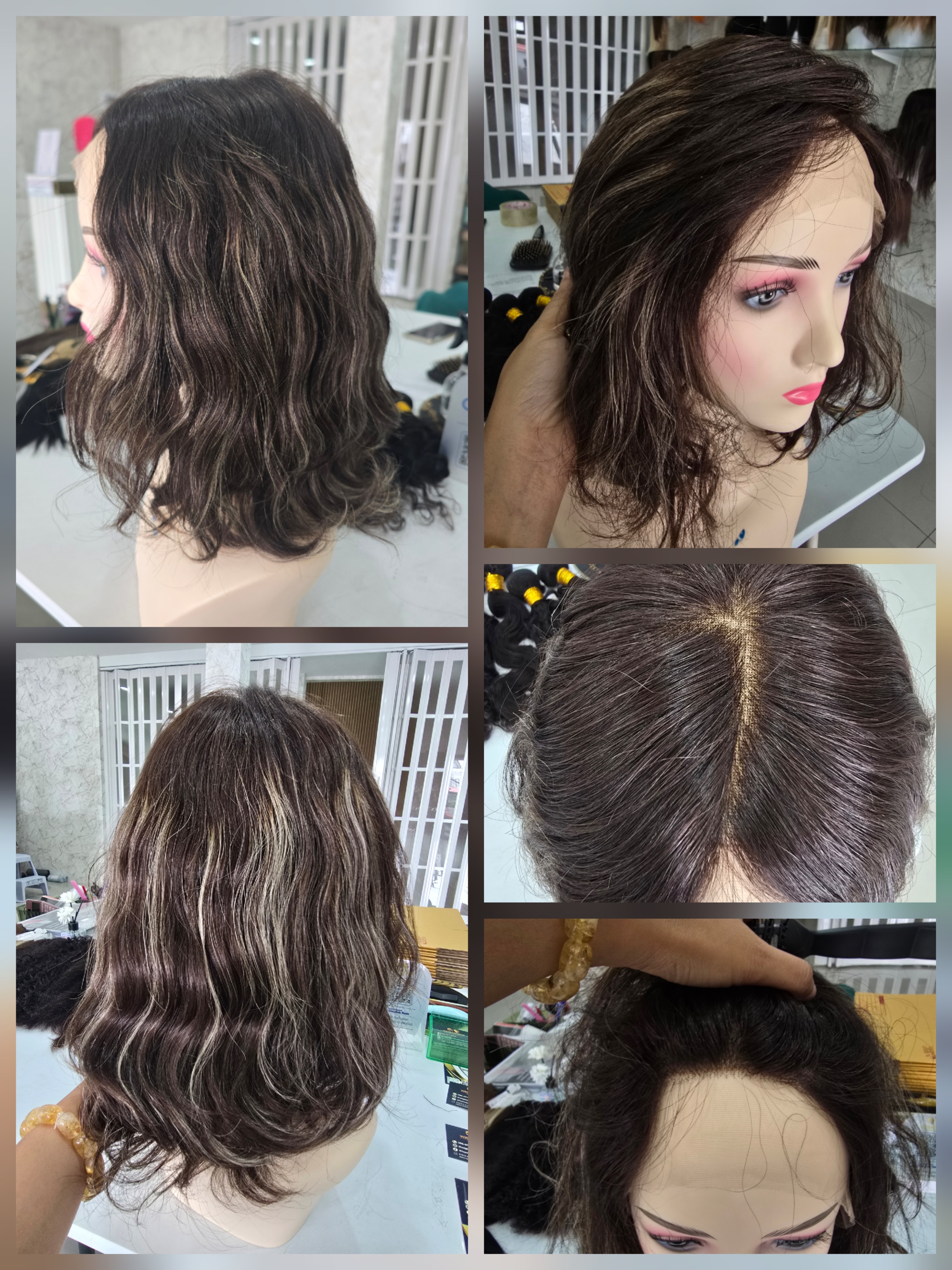 วิกผมแท้ทอมือ งานพรีเมี่ยม เสยแสกเนียนมาก ไม่ต้องใช้กาว สีน้ำตาลไฮไลท์ Premium Human Hair Jewish Wig