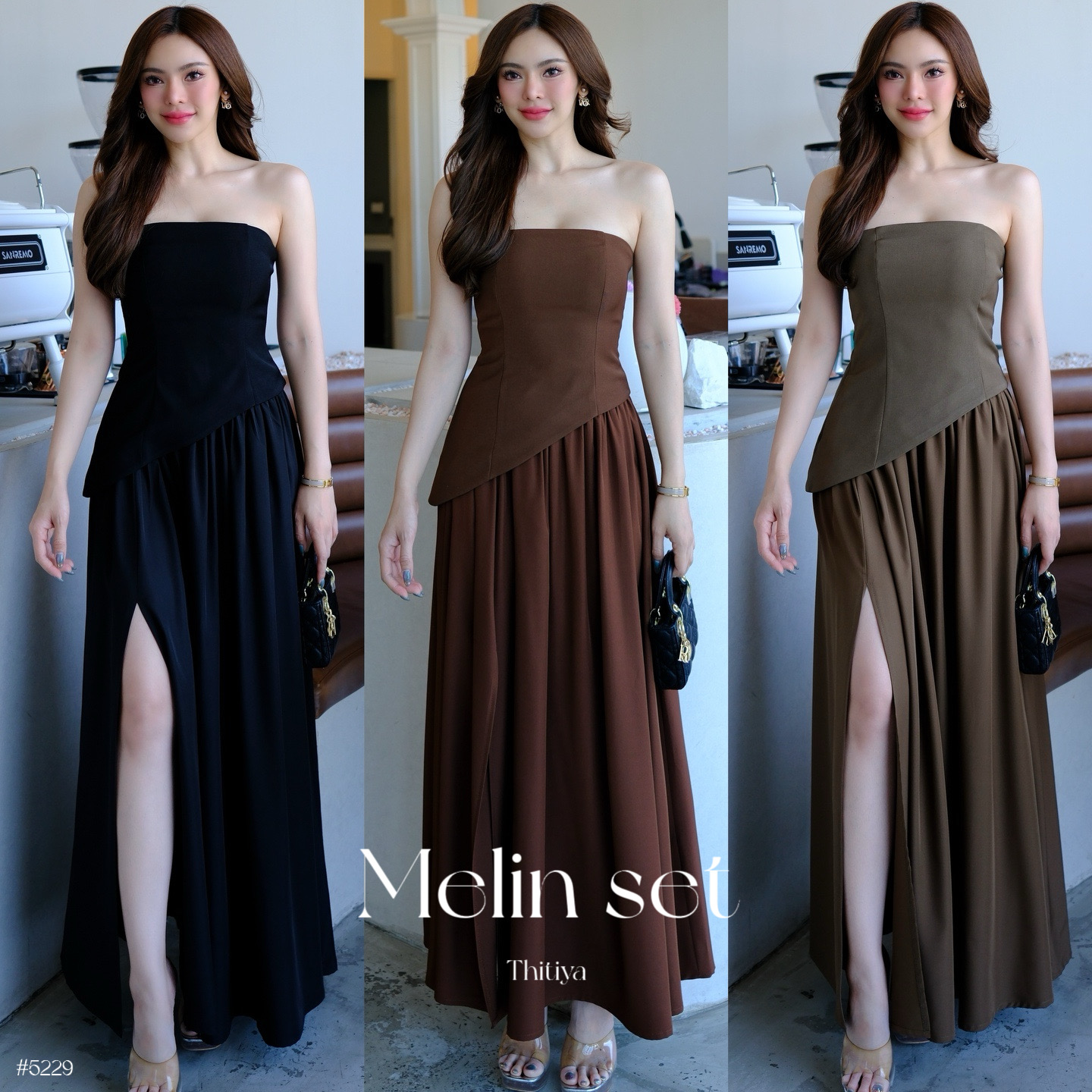 #5229 Melin set เสื้อเกาะอกชายเฉียงเข้าเซ็ตกับกระโปรงยาวจีบรอบเอวทรงปล่อย thitiya