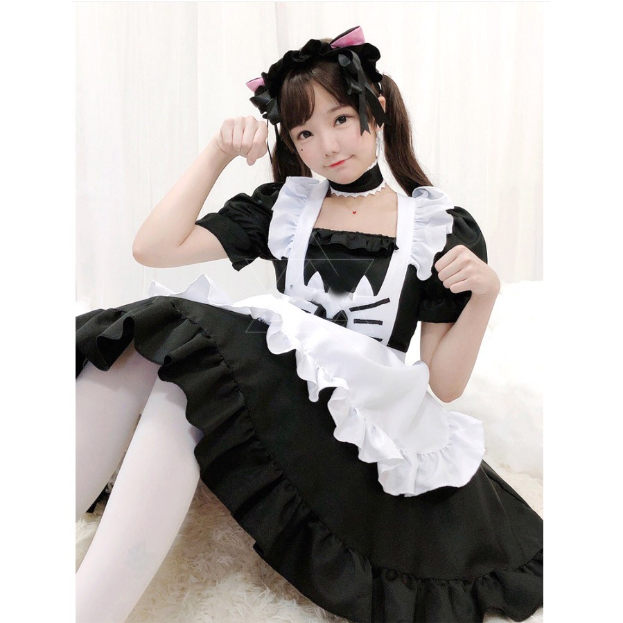 ชุดแม่บ้าน ชุดเมด ชุดเมดแมว ปักหนวดแมวที่อก สีขาวดำ พร้อมที่คาดผม