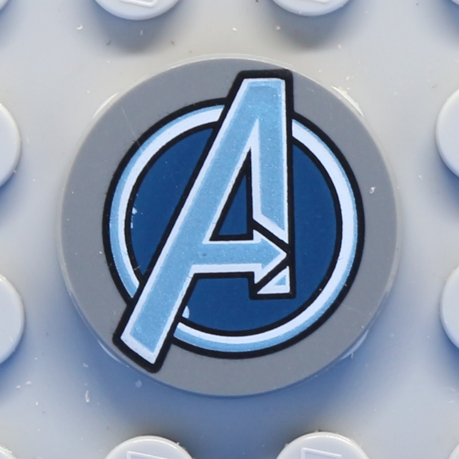 Tile, Round 2 x 2 with Bottom Stud Holder with Silver Avengers Logo Pattern