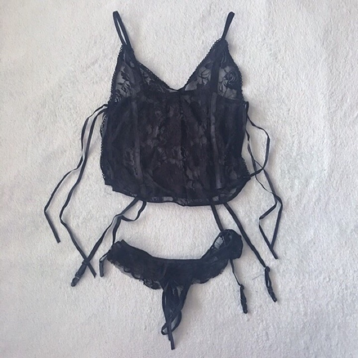 ชุดนอนไม่ได้นอน ชุดนอนซีทรู คอเซ็ทนิ่มลูกไม้ทั้งตัว กางเกงในระบายขอบ สีขาว