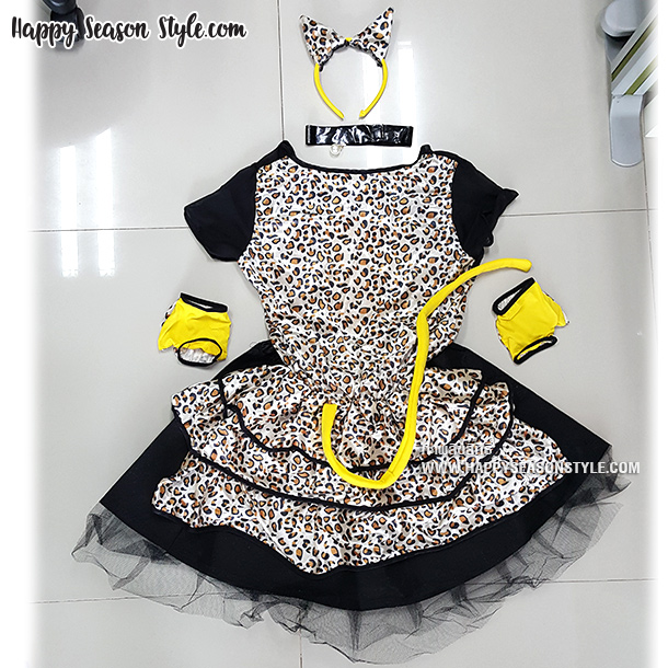 ชุดแมวลาย ชุดเสือดาว กระโปรงรูดระบาย พร้อม หู หาง ถุงมือ ปลอกคอ