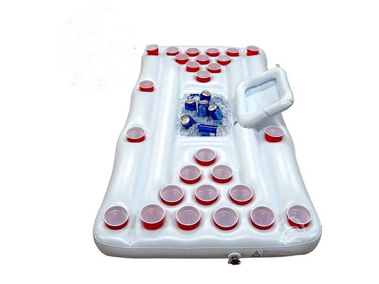 แพเป่าลมสำหรับเล่นเบียร์ปองลอยน้ำ พร้อมถังใส่น้ำแข็งตรงกลาง Inflatable Beerpong Pool Float With Ice Bucket Cooler