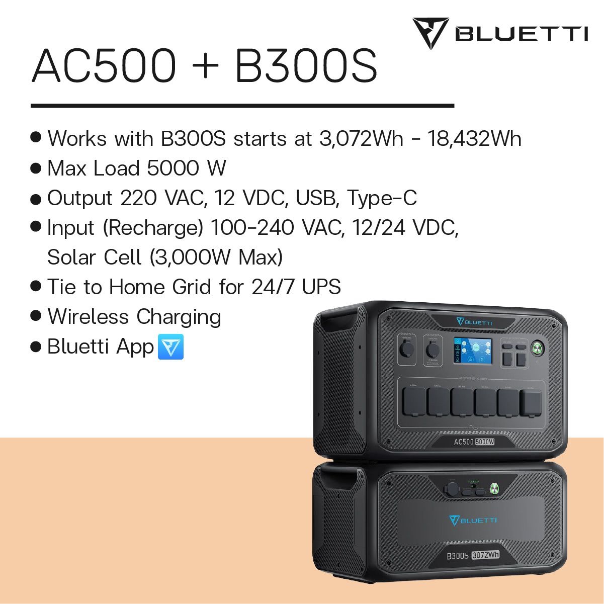 BLUETTI AC500 + B300S Home Battery Backup | 5,000W / 3,072Wh~18,432Wh แบตเตอรี่สำรองอเนกประสงค์