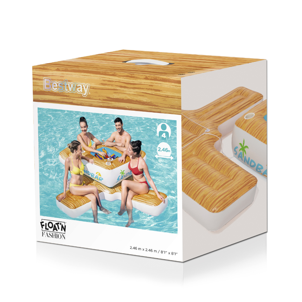 Bestway Inflatable Pool Sandbar Water Float Island Bar Cooler Lounge 246cm ที่นั่งลอยน้ำพร้อมถังแช่น้ำแข็งลายไม้ นั่งได้ 4 คน ขนาด 246x246cm