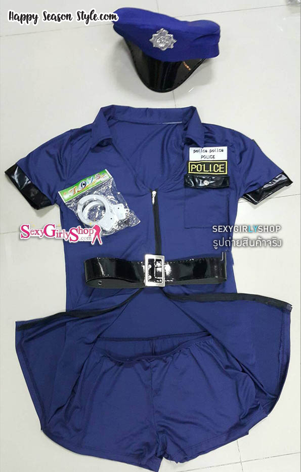 ชุดตำรวจเดรสกระโปรงพีทดำ พร้อม หมวก และกุญแจมือ